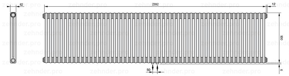 Схема (чертеж) Радиатор Zehnder Charleston 2090/52 №5410 Белый глянцевый RAL 9016